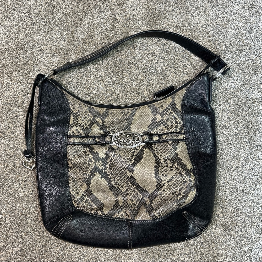 Vintage Brighton Black Pebbled Leather w/Phython Embossed Hobo Medium Black Bag